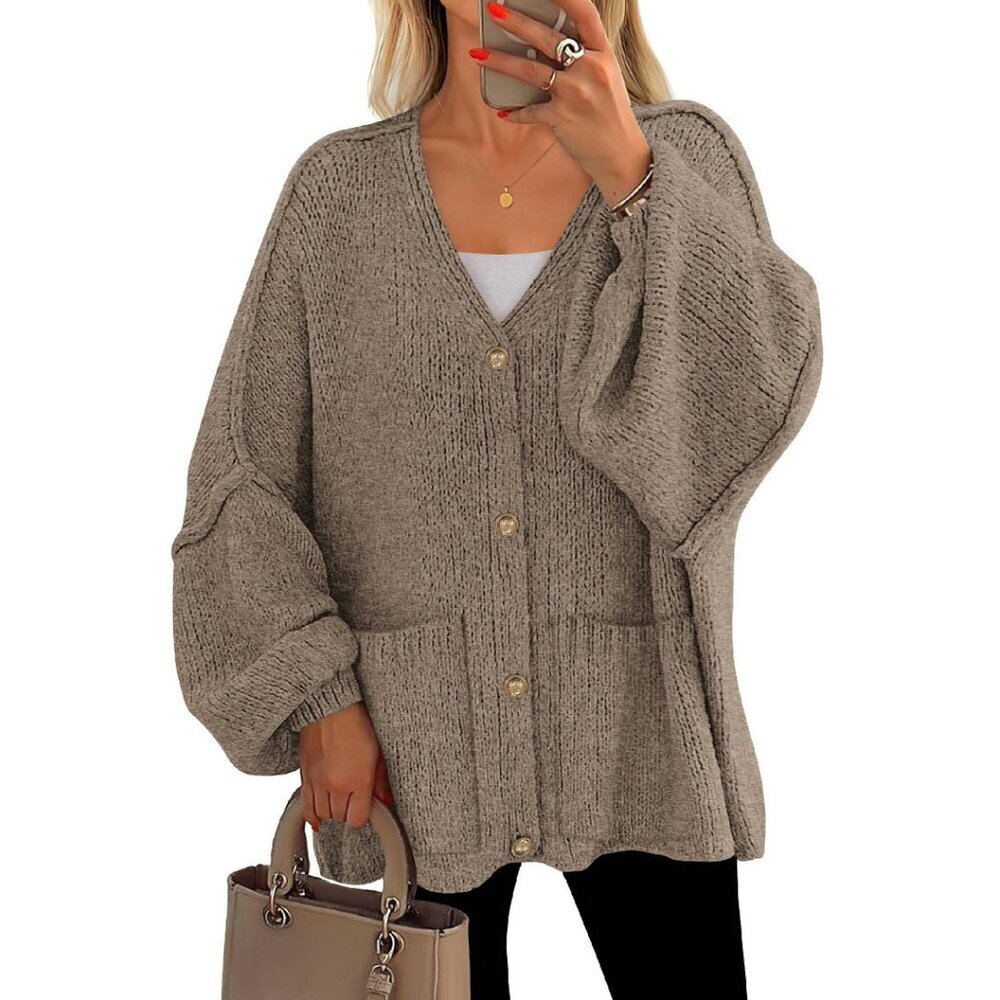 Oversized Chunky Knit Cardigan with Lantern Sleeves and Pockets